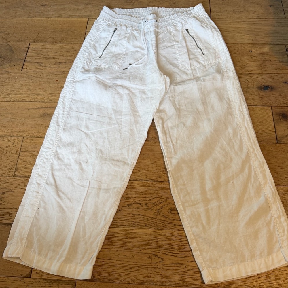 Athleta Cabo Linen Wide Leg Pant 20 White Smocked Elastic Drawstring Zip Pocket